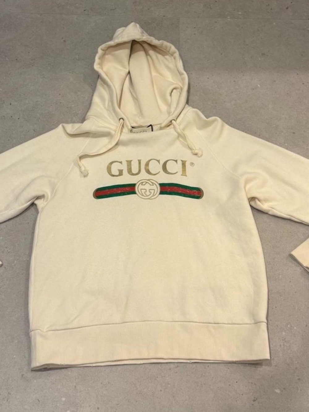 Oversized Gucci Cream Hoodie with Green-Red Stripe and Logo